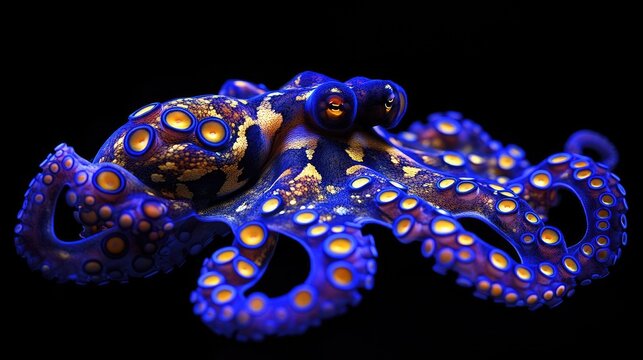 Close-up of a dangerous blue-ringed octopuss glowing rings in bright detail as it floats in clear water.
