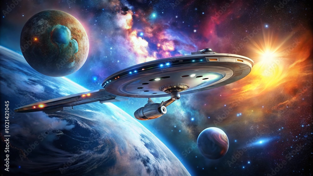Poster futuristic enterprise spaceship in deep space with stars and nebulae in background, high-tech design