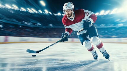 Obraz premium Ice hockey player skating with puck during an intense match in a well-lit arena.