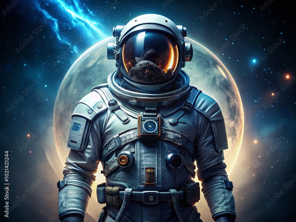 Poster futuristic interstellar spacesuit with advanced technology for deep space exploration and travel