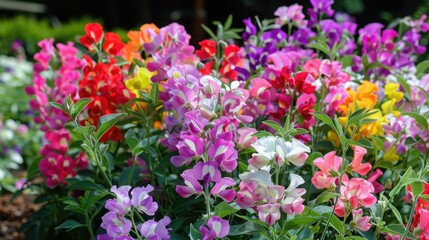 Obraz premium A vibrant flower bed of blooming sweet peas in multiple colors, including red, pink, purple, and orange, growing in a lush garden, showcasing their delicate petals and vibrant hues