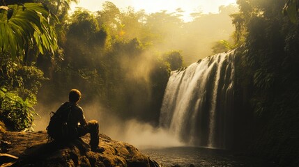 A Man Silhouetted Against a Waterfall in a Tropical Rainforest