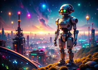 Fototapeta premium Futuristic Robot Exploring a Sci-Fi Landscape with Advanced Technology and Neon Lights at Night