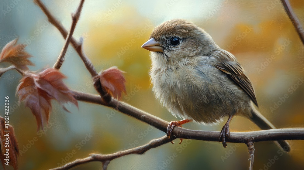 Poster close-up of a finchs tiny beak and soft feathers, with its delicate body perched on a thin branch.
