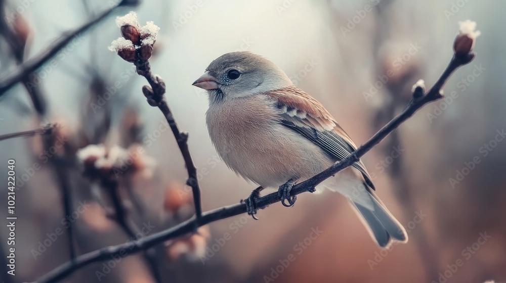 Poster close-up of a finchs tiny beak and soft feathers, with its delicate body perched on a thin branch.