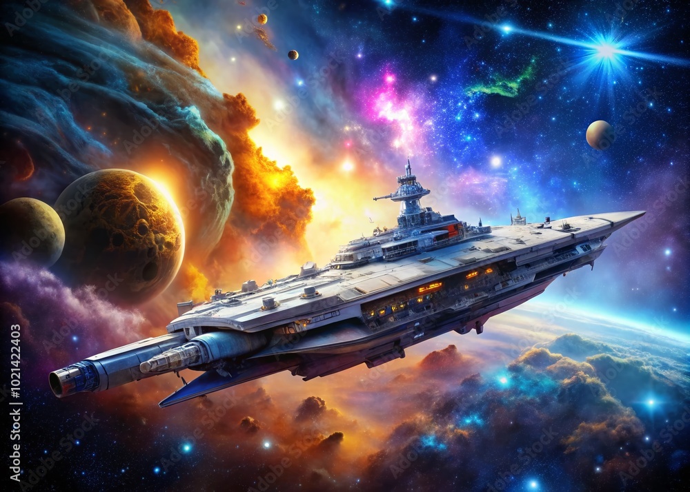 Poster futuristic spaceship carrier in deep space with vibrant nebula and stars in the background