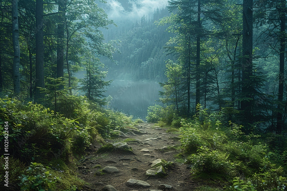 Poster a forest path with a lake in the background