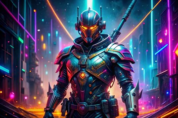 Naklejka premium Futuristic Techno Knight in Cyber Armor with Neon Lights and High-Tech Weapons for Digital Art and Fantasy Themes