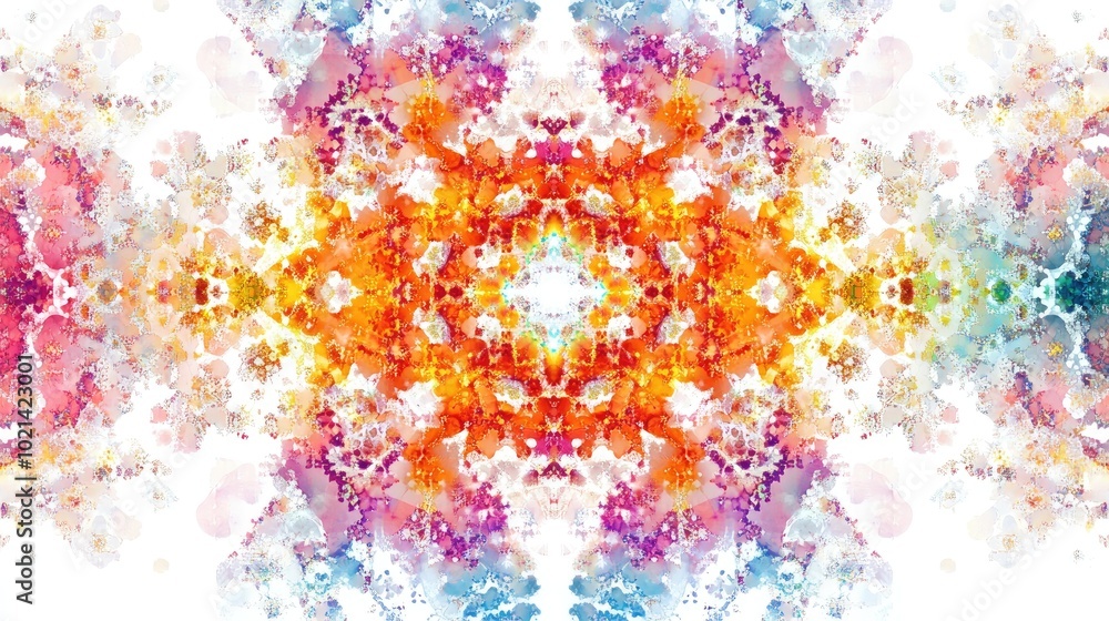 Poster colorful abstract fractal pattern on a white backdrop resembling a fantasy kaleidoscope design