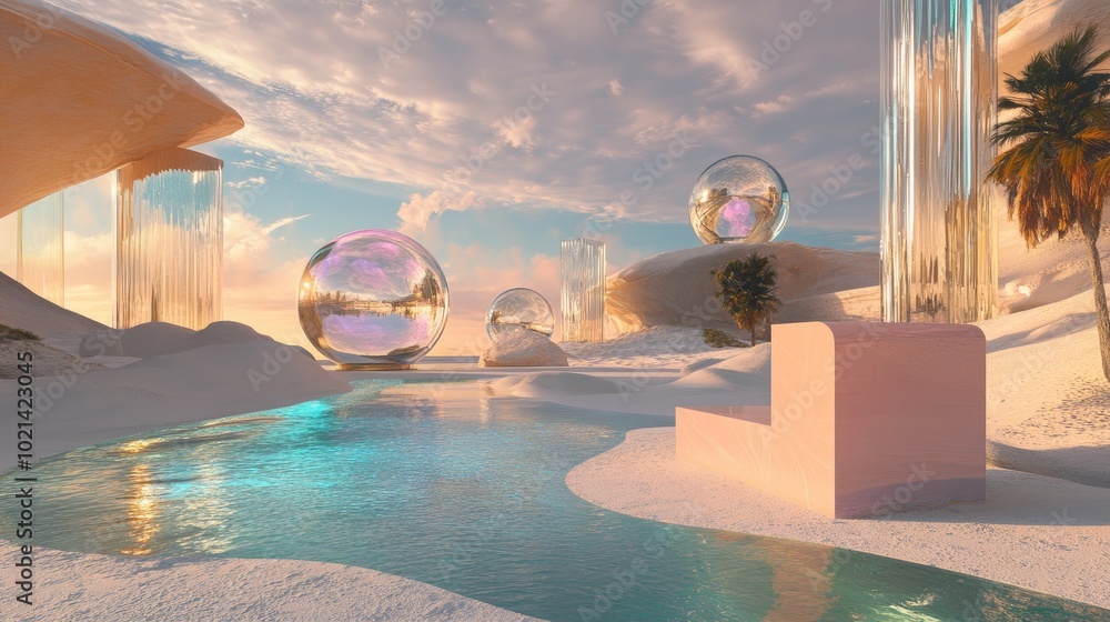Aufkleber 3D render of a surreal landscape featuring water and vibrant sand A podium and display are set against an abstract backdrop of glass mirror shapes and various objects creating a fantasy world with