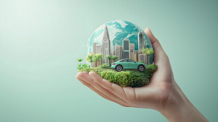 双手托举的绿色地球低碳环保主题插画