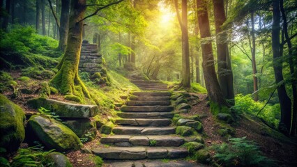 Stone Steps Leading Up Through a Sun Dappled Forest, Lush Greenery and Golden Light Filter Through the Trees