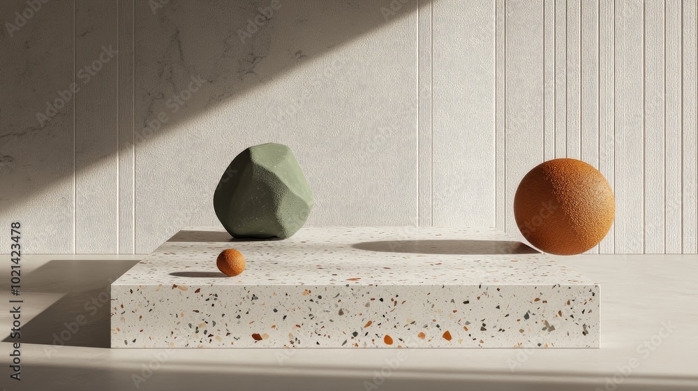 Aufkleber 3d rendering of a square podium featuring terrazzo texture accompanied by a green rock and a brown b