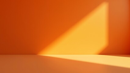 3D studio room with orange background. Empty floor and wall with product podium. Shadow overlay from window to countertop. Mockup illustration with sunlight.