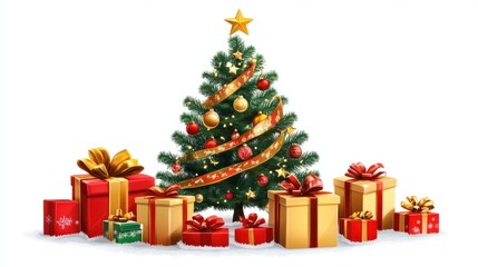 Composition with Christmas tree and gifts isolated on white background