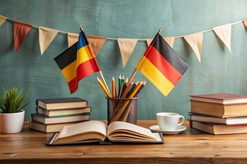 German Language Learning Concept with Books, Flags, and Educational Materials on a Desk Background