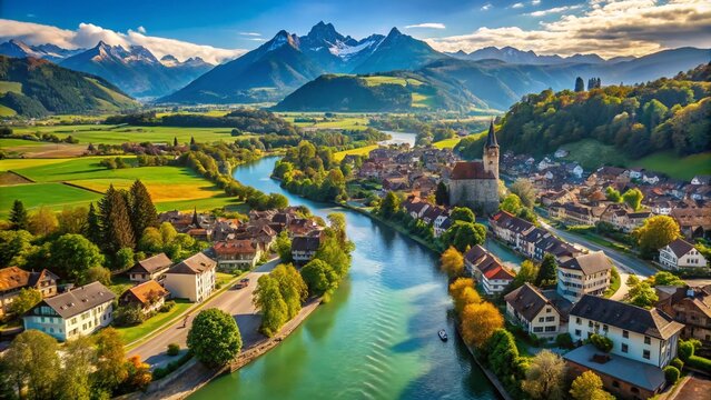 Ginebra en Suiza: Paisaje pintoresco con monta&ntilde;as, r&iacute;os y arquitectura tradicional en un d&iacute;a soleado