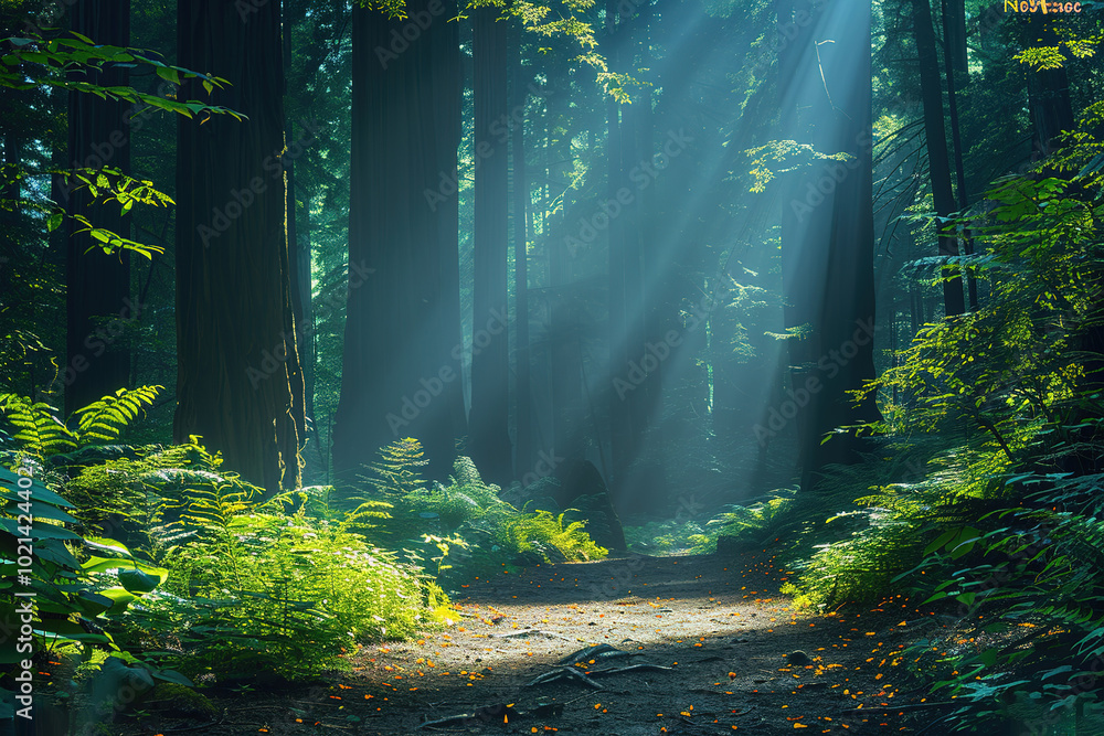 Poster a forest path with sunlight shining through the trees