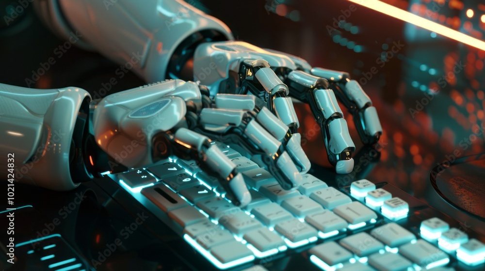 Aufkleber A robot is typing on a keyboard with a glowing background