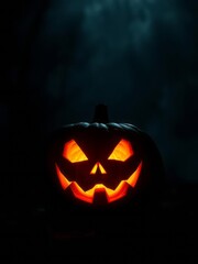 Fototapeta premium Illuminated halloween pumpkin against a mysterious dark backdrop for spooky celebrations halloween backdrop