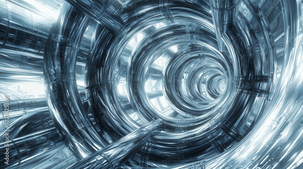 Poster intricate metallic tunnel design reflecting light in a futuristic setting with a sense of depth and 
