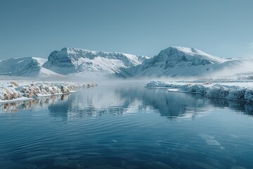 A beautiful mountain range is reflected in the water of a river