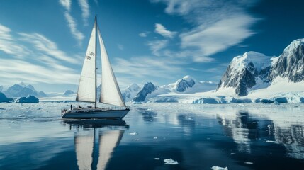 A Sailboat Navigates Through an Icy Landscape in Antarctica