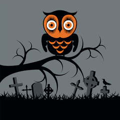 Halloween background with owl and tombstones vector illustration. Halloween background with owl and cemetery vector. Night scary landscape with graves. Template for background, banner, card
