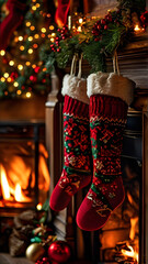 Christmas Stocking Socks closeup Merry Xmas Holiday Decoration Festive Ornament Winter Season Traditional Interior