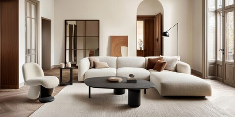 A Scandinavian living room with a neutral palette, featuring a beige sofa, wooden floors, and minimalist decor, accented with warm lighting and soft textiles for a cozy atmosphere