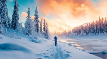 A lone hiker walks a snowy trail through a frozen forest at sunset.