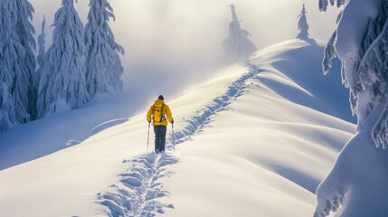 Solo Hiker Ascending Snow-Covered Mountain Ridge