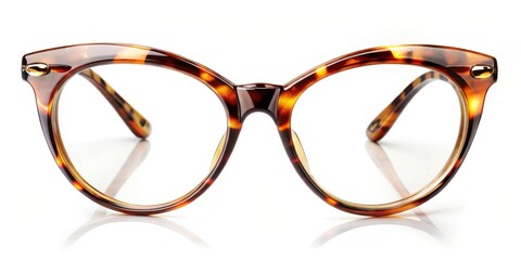 Brown and gold tortoiseshell eyeglasses with a cat-eye frame and clear lenses