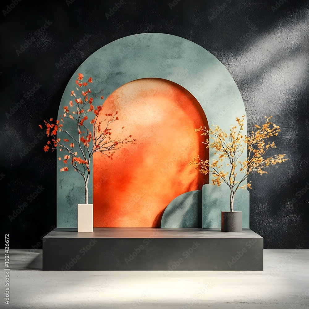 Poster captivating 3d studio scene featuring a minimalist podium display against a sleek black backdrop the