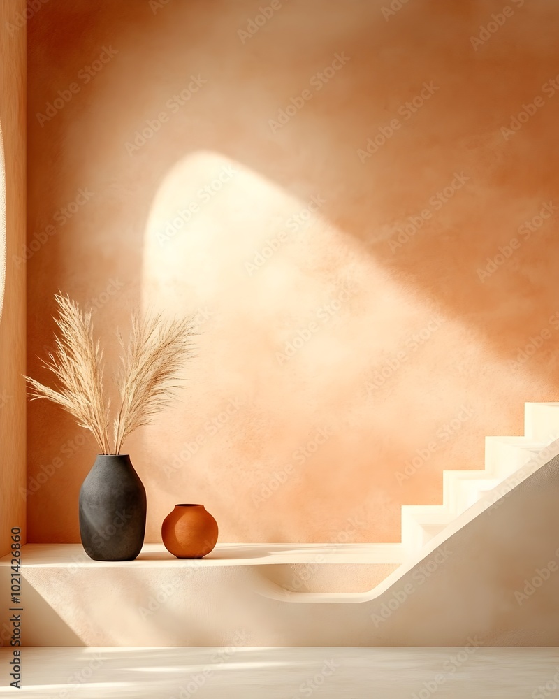 Poster minimalist podium design in a sienna toned studio setting with natural lighting casting shadows crea