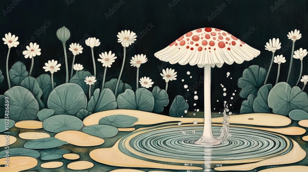 Poster a pink and white water droplet descends into a golden pool creating ripples and a splash resembling 
