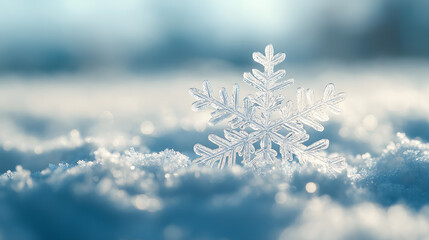 冬季雪地上一片晶莹剔透的雪花特写