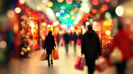Blurred image of people shopping in a festive atmosphere with colorful lights and bokeh.