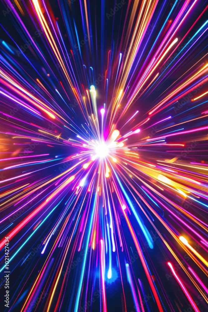 Poster dynamic abstract new year's background with bold neon light trails and fireworks display
