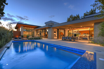 Fototapeta premium Modern House with Pool and Luxury Living Space, Contemporary Home Design, Stylish Architecture