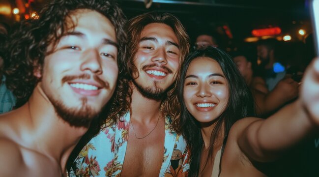 Three friends at a party smiling for a selfie, capturing a joyful moment of fun and celebration in a lively environment.