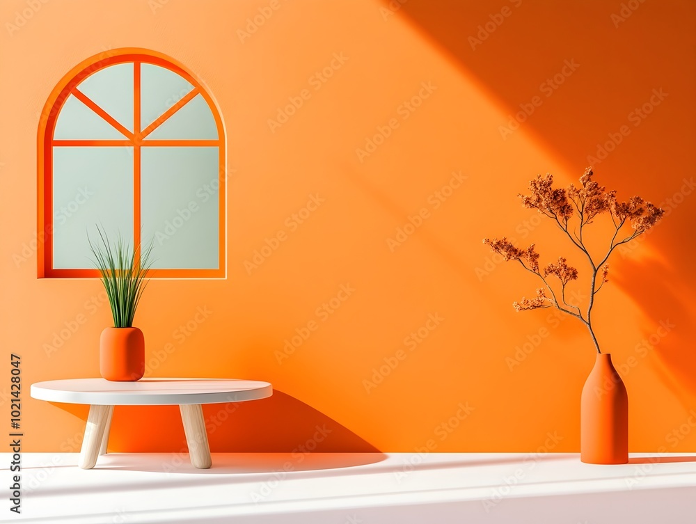 Poster minimalist 3d product display in burnt orange studio setting with lighting shadow cast from window d