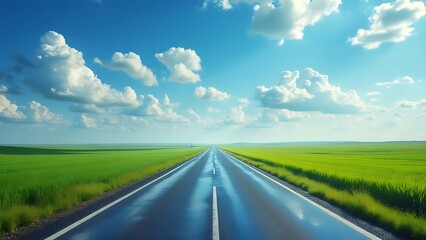 Fototapeta premium Summer blue sky and a straight road.