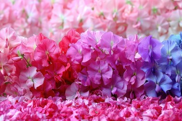 Obraz premium A vibrant arrangement of sweet pea flowers in shades of pink, red, purple, and blue, creating a colorful floral display on a textured background.