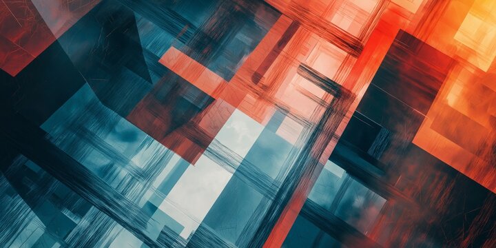 An abstract piece with overlapping geometric shapes in red and blue hues, conveying dynamic energy and tension.