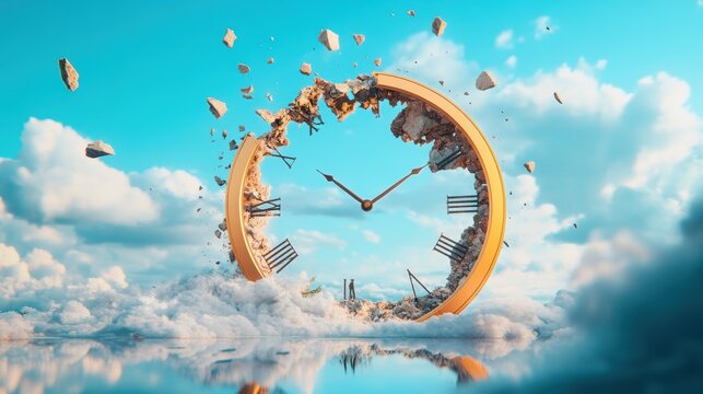 A fractured clock face, pieces scattered across a surreal landscape, each fragment a distorted memory of time.