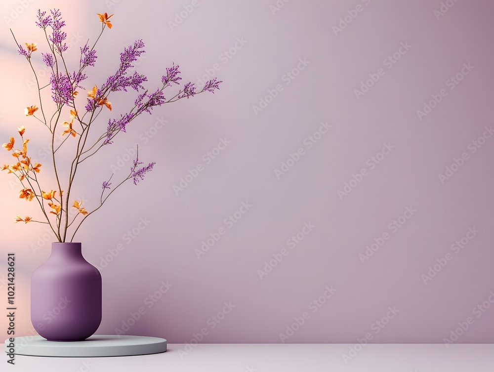 Poster sleek 3d studio product display with a pale lavender grey backdrop minimalist pedestal and surface a