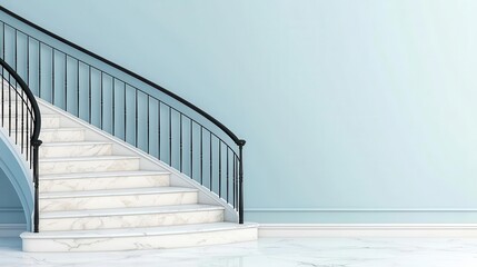 Obraz premium Technical diagram of a curved staircase with marble steps and wrought iron railings, luxury staircase, elegant design