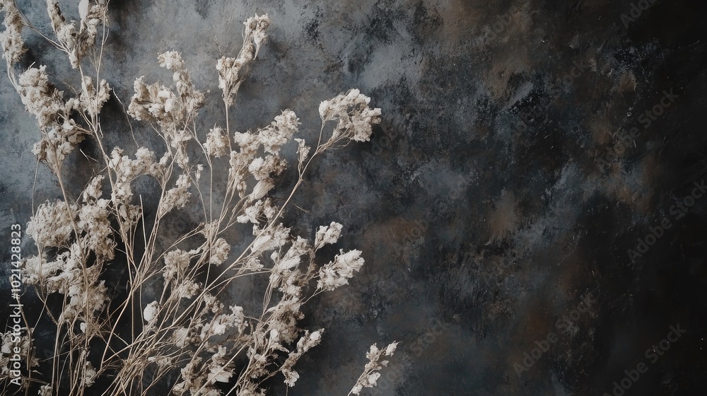 Aufkleber artwork depicting dried flowers on a textured dark background featuring a pattern in shades of gray 
