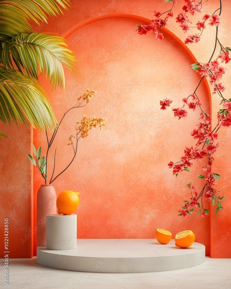 Poster Minimalist and clean studio display setting featuring sienna toned walls and floor a simple podium design and a digital rendering of a product mockup bathed in natural lighting and casting shadows